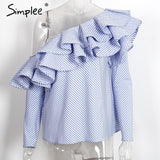 Simplee One Shoulder Ruffle Blouse Blue Striped Long Sleeve