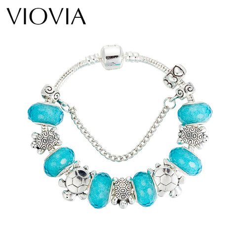 VIOVIA Blue Acrylic Sea Turtles Metal Beads Bracelet Handmade Jewelry