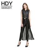 HDY Haoduoyi Solid PU Patchwork Chiffon Sleeveless Long Jacket Casual