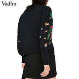 Vadim Women Long Sleeve O Neck Flower Embroidery Sweater