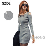 GZDL Long Sleeve O-Neck Knitted Off-Shoulder Mini Dress