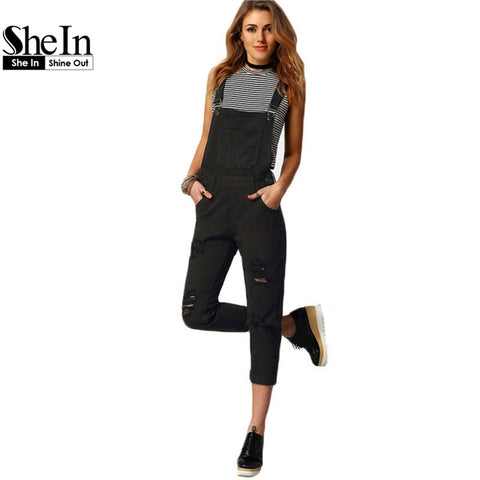 SheIn Women Denim Jumpsuit Black Strap Ripped Pockets Full Length