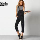 SheIn Women Denim Jumpsuit Black Strap Ripped Pockets Full Length