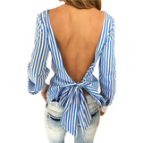 Women Sexy Bowknot Backless Striped Blouse Long Sleeve O neck
