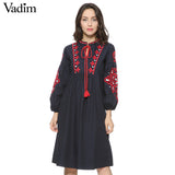 Vadim Vintage Dress Embroidered Tie Tassels Long Sleeve Loose