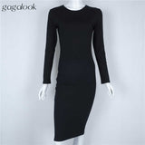 Gagalook Long Sleeve Black Midi Bodycon Dress