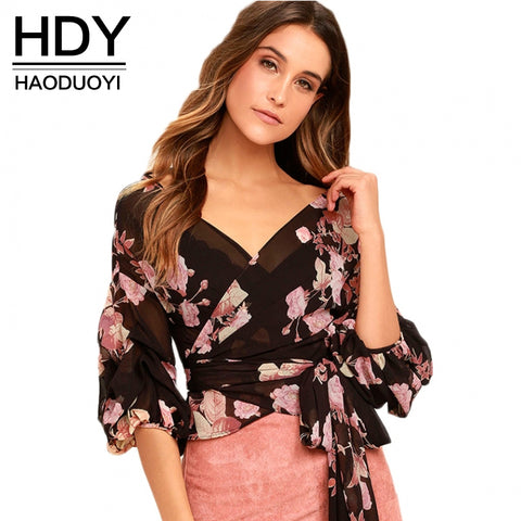 Haoduoyi Floral Print Wrap Chiffon Tie Waist Blouse