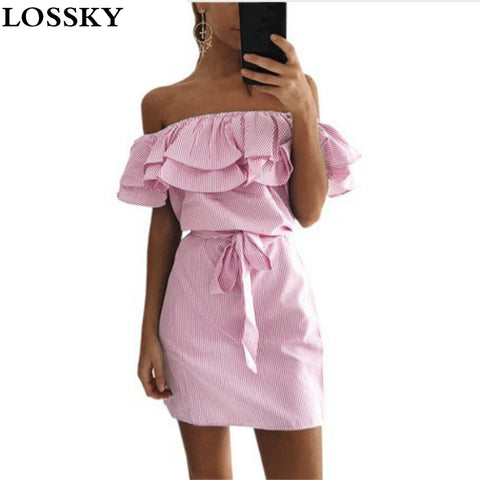 Lossky Ruffle Collar Striped Summer Dress 
