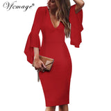 Vfemage Butterfly Sleeve Deep V-Neck Dress. Plus Sizes Available.