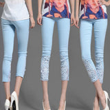 Women Candy Color Skinny Elastic Pencil Pants Lace Diamond Plus Size 4XL