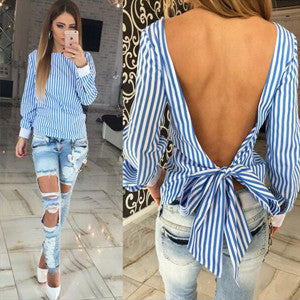 Women Sexy Bowknot Backless Striped Blouse Long Sleeve O neck