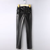 Guoran Women Fleece PU Leather Pencil Pants High Waist Plus Sizes