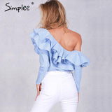 Simplee One Shoulder Ruffle Blouse Blue Striped Long Sleeve