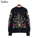 Vadim Women Long Sleeve O Neck Flower Embroidery Sweater