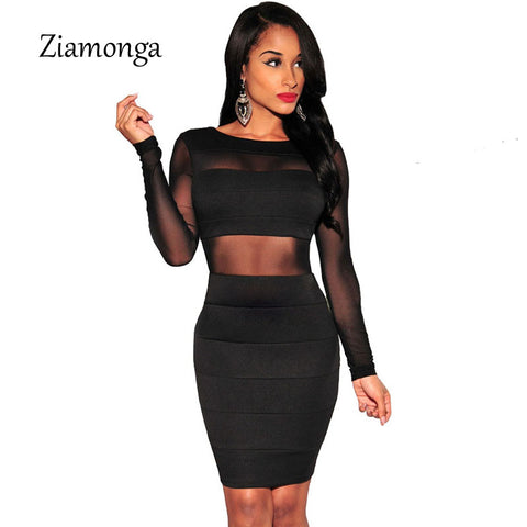 Long Sleeve Mesh Hollow Out Bodycon Dress. Plus Sizes Available.