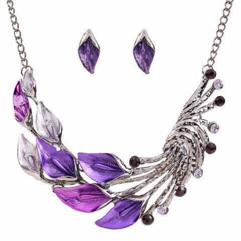 Elegant Purple Peacock Enamel Festoon Bib Necklace Stud Earrings Set