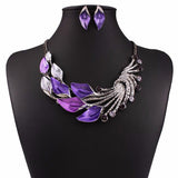 Elegant Purple Peacock Enamel Festoon Bib Necklace Stud Earrings Set